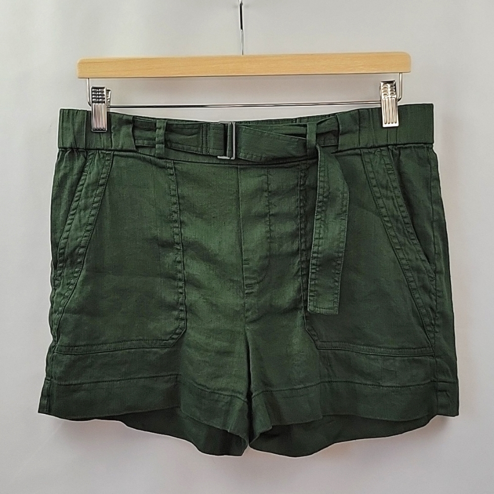 Vince Belted Linen Blend Shorts Dark Sage Green Size Medium